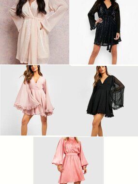Lot Boohoo sequin bell flare wide sleeve dobby wrap satin skater belted goth